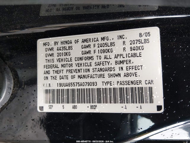 Продаж на аукціоні авто 2005 Acura Tl, vin: 19UUA65575A079093, номер лоту: 46046778