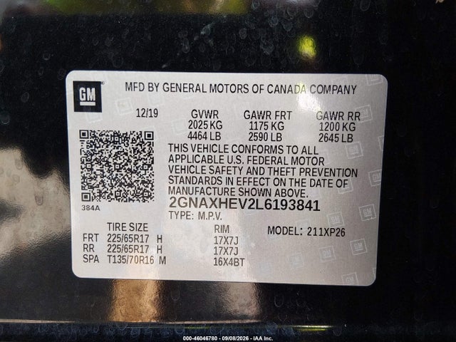 Aukcja sprzedaży 2020 Chevrolet Equinox Fwd Ls, vin: 2GNAXHEV2L6193841, numer aukcji: 46046780