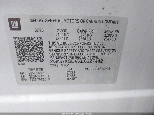 Продаж на аукціоні авто 2020 Chevrolet Equinox Awd Ls, vin: 2GNAXSEVXL6227442, номер лоту: 46046783