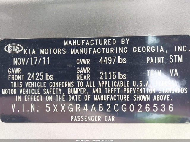 Aukcja sprzedaży 2012 Kia Optima Sx, vin: 5XXGR4A62CG026536, numer aukcji: 46046791