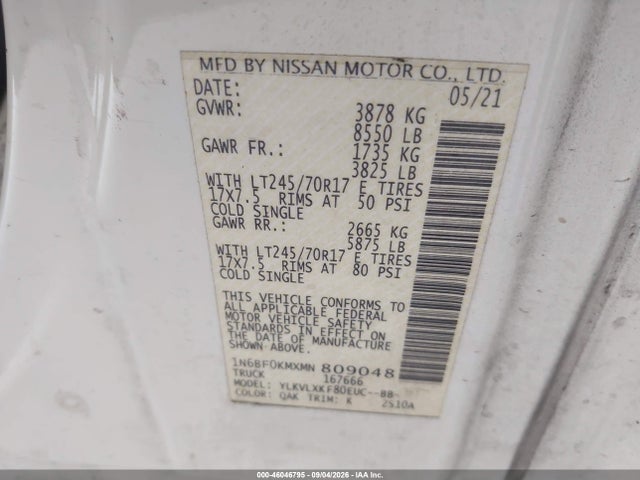 2021 Nissan Nv Cargo Nv1500 Sv Standard Roof V6 მანქანა იყიდება აუქციონზე, vin: 1N6BF0KMXMN809048, აუქციონის ნომერი: 46046795