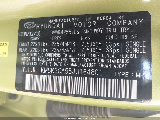2018 Hyundai Kona Limited მანქანა იყიდება აუქციონზე, vin: KM8K3CA55JU164801, აუქციონის ნომერი: 46046797