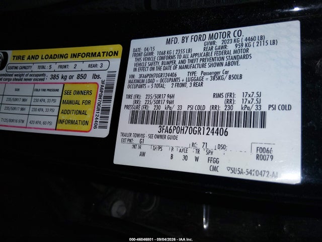 Ford FUSION SE 2016 3FA6P0H70GR124406 Image 9