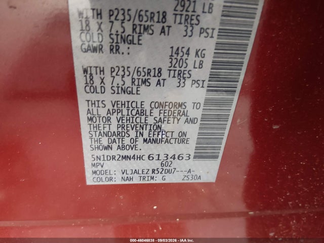 Aukcja sprzedaży 2017 Nissan Pathfinder Sv, vin: 5N1DR2MN4HC613463, numer aukcji: 46046838