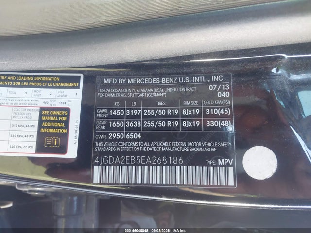 Aukcja sprzedaży 2014 Mercedes-benz Ml 350 Bluetec 4matic, vin: 4JGDA2EB5EA268186, numer aukcji: 46046848