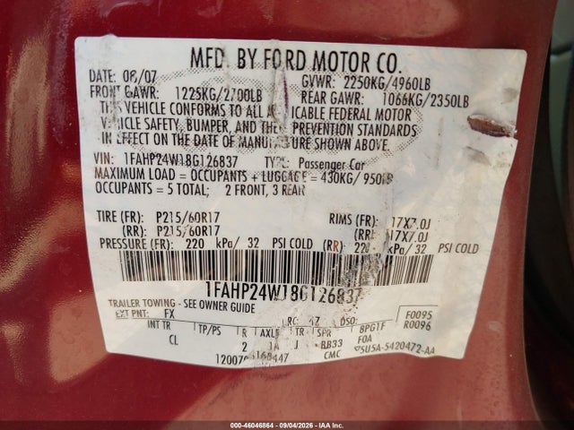 Продаж на аукціоні авто 2008 Ford Taurus Sel, vin: 1FAHP24W18G126837, номер лоту: 46046864