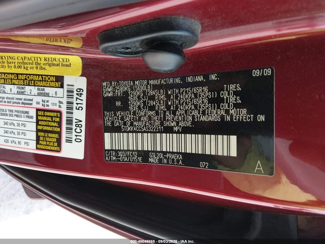 46046868 :رقم المزاد ، 5TDKK4CC5AS322311 vin ، 2010 Toyota Sienna Le مزاد بيع