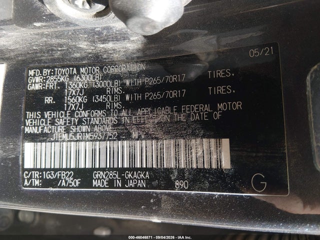 46046871 :رقم المزاد ، JTEMU5JR1M5937752 vin ، 2021 Toyota 4runner Sr5 مزاد بيع