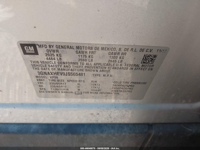 Aukcja sprzedaży 2018 Chevrolet Equinox Ls, vin: 3GNAXHEV9JS565481, numer aukcji: 46046878