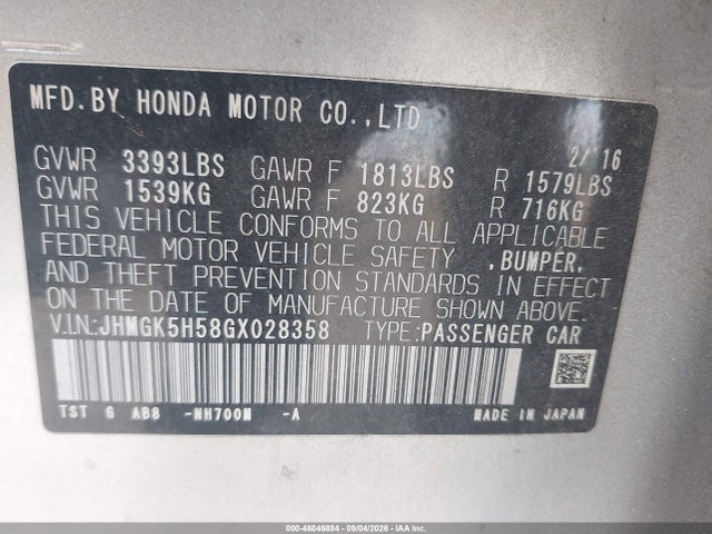 Honda FIT LX 2016 JHMGK5H58GX028358 Image 9