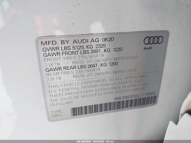 2020 Audi Q3 Premium 45 Tfsi S Line Quattro Tiptronic მანქანა იყიდება აუქციონზე, vin: WA1DECF32L1115858, აუქციონის ნომერი: 46046888