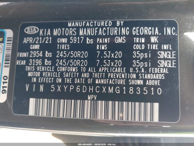 2021 Kia Telluride S მანქანა იყიდება აუქციონზე, vin: 5XYP6DHCXMG183510, აუქციონის ნომერი: 46046891