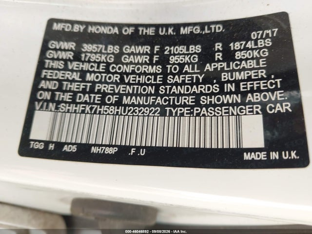 Aukcja sprzedaży 2017 Honda Civic Ex, vin: SHHFK7H58HU232922, numer aukcji: 46046892