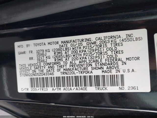 Aukcja sprzedaży 2005 Toyota Tacoma, vin: 5TENX22N05Z043346, numer aukcji: 46046894