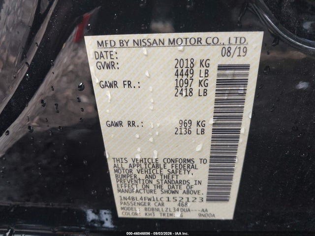 46046896 :رقم المزاد ، 1N4BL4FW1LC152123 vin ، 2020 Nissan Altima Platinum Intelligent Awd مزاد بيع