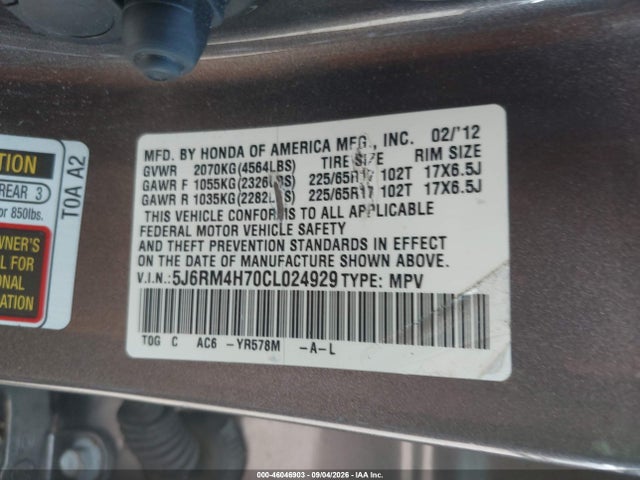 Продажа на аукционе авто 2012 Honda Cr-v Ex-l, vin: 5J6RM4H70CL024929, номер лота: 46046903