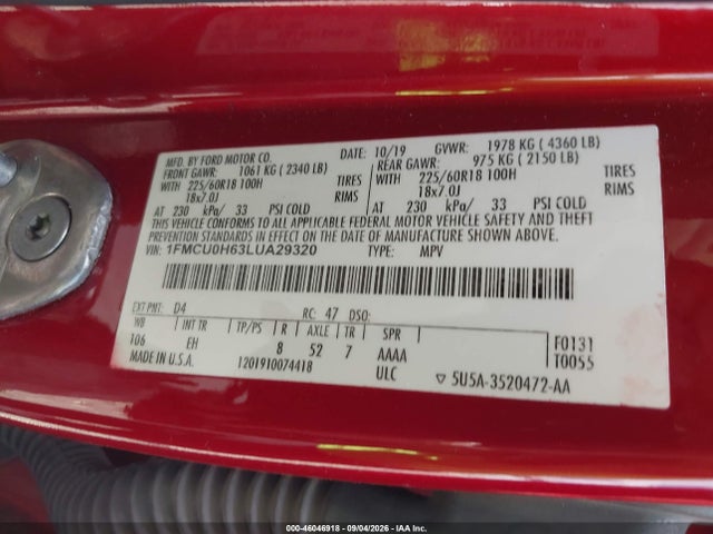 Продажа на аукционе авто 2020 Ford Escape Sel, vin: 1FMCU0H63LUA29320, номер лота: 46046918