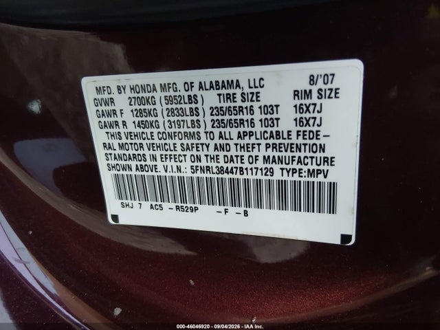 46046920 :رقم المزاد ، 5FNRL38447B117129 vin ، 2007 Honda Odyssey Ex مزاد بيع
