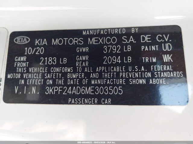 Auction sale of the 2021 Kia Forte Fe, vin: 3KPF24AD6ME303505, lot number: 46046923