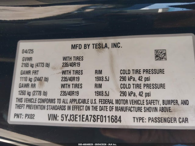 5YJ3E1EA7SF011684 Tesla Model 3 Long Range Rear-wheel Drive/standard Rear-wheel Drive