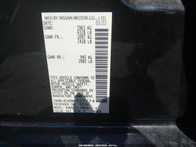 Aukcja sprzedaży 2022 Nissan Altima Sr Fwd, vin: 1N4BL4CV0NN357774, numer aukcji: 46046945