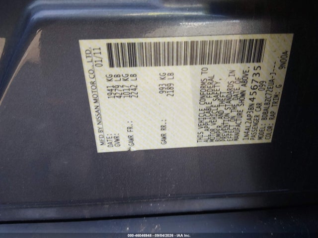 46046948 :رقم المزاد ، 1N4AL2AP3BN456735 vin ، 2011 Nissan Altima 2.5 S مزاد بيع