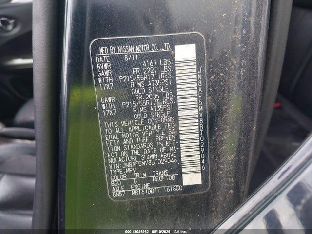 46046962 :رقم المزاد ، JN8AF5MV8BT029046 vin ، 2011 Nissan Juke Sl مزاد بيع