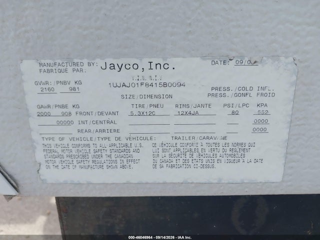 Aukcja sprzedaży 2004 Jayco Qwest 10b, vin: 1UJAJ01F8415B0094, numer aukcji: 46046964