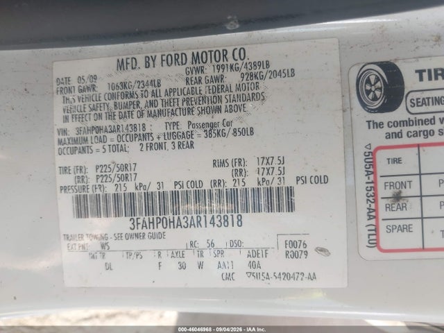 2010 Ford Fusion Se მანქანა იყიდება აუქციონზე, vin: 3FAHP0HA3AR143818, აუქციონის ნომერი: 46046968