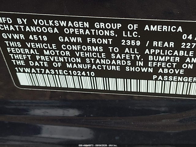 46046973 :رقم المزاد ، 1VWAT7A31EC102410 vin ، 2014 Volkswagen Passat 1.8t Wolfsburg Edition مزاد بيع