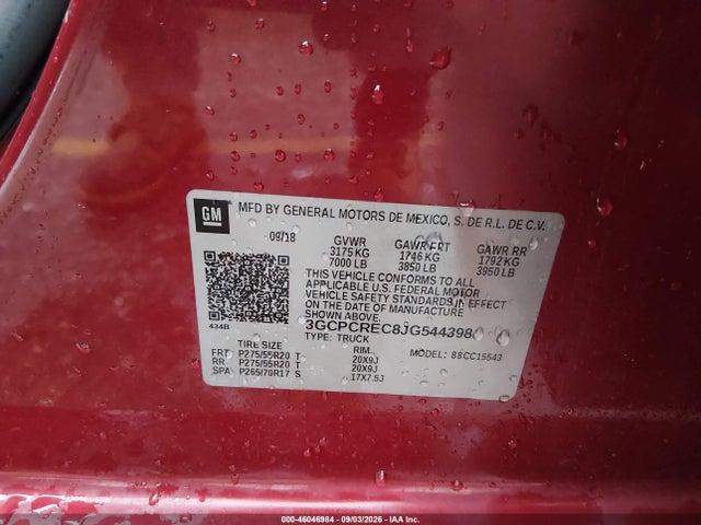 2018 Chevrolet Silverado 1500 1lt მანქანა იყიდება აუქციონზე, vin: 3GCPCREC8JG544398, აუქციონის ნომერი: 46046984