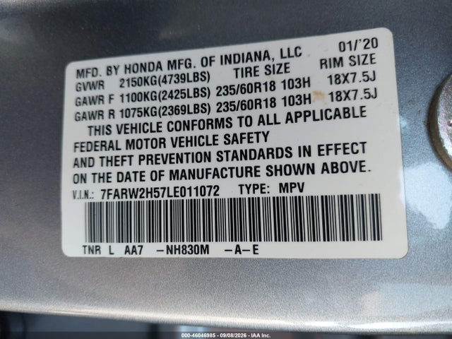 2020 Honda Cr-v Awd Ex მანქანა იყიდება აუქციონზე, vin: 7FARW2H57LE011072, აუქციონის ნომერი: 46046985