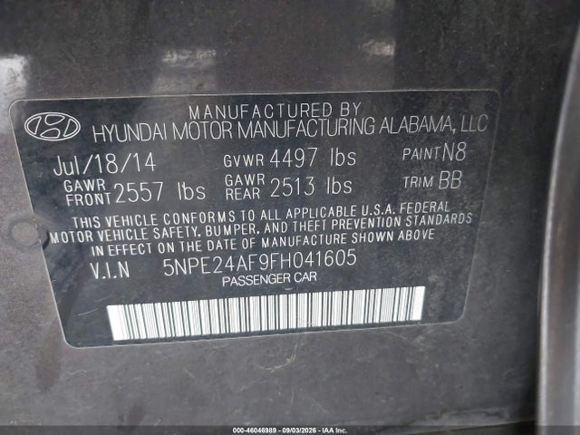 Hyundai SONATA SE 2015 5NPE24AF9FH041605 Image 9