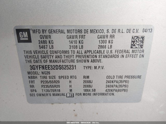2013 Cadillac Srx Premium Collection მანქანა იყიდება აუქციონზე, vin: 3GYFNEE32DS625231, აუქციონის ნომერი: 46047005
