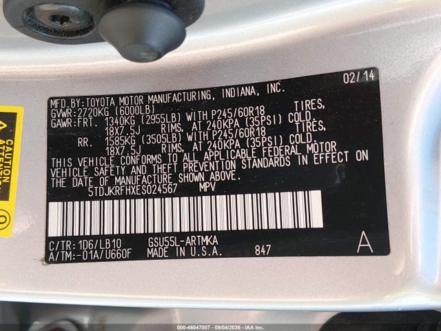 Продажа на аукционе авто 2014 Toyota Highlander Xle V6, vin: 5TDJKRFHXES024567, номер лота: 46047007