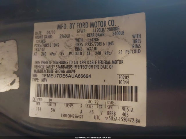46047016 :رقم المزاد ، 1FMEU7DE6AUA66664 vin ، 2010 Ford Explorer Xlt مزاد بيع