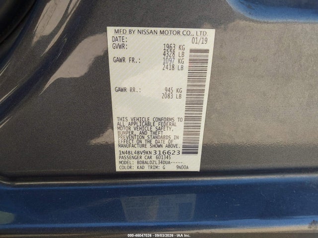 2019 Nissan Altima 2.5 S მანქანა იყიდება აუქციონზე, vin: 1N4BL4BV9KN316623, აუქციონის ნომერი: 46047026