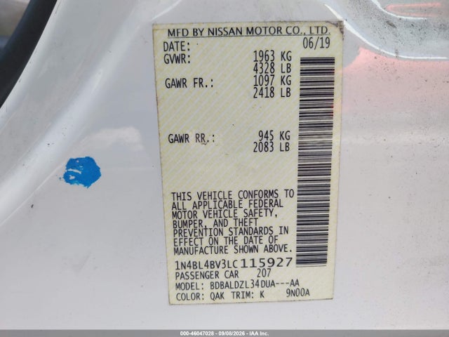 Продаж на аукціоні авто 2020 Nissan Altima S Fwd, vin: 1N4BL4BV3LC115927, номер лоту: 46047028