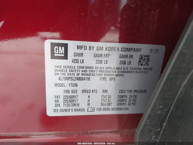 46047054 :رقم المزاد ، KL79MPSL2NB084116 vin ، 2022 Chevrolet Trailblazer Fwd Lt مزاد بيع