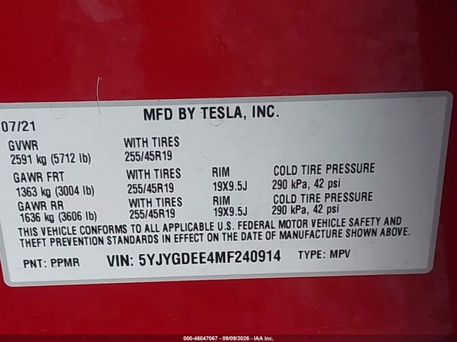 Продажа на аукционе авто 2021 Tesla Model Y Long Range Dual Motor All-wheel Drive, vin: 5YJYGDEE4MF240914, номер лота: 46047067