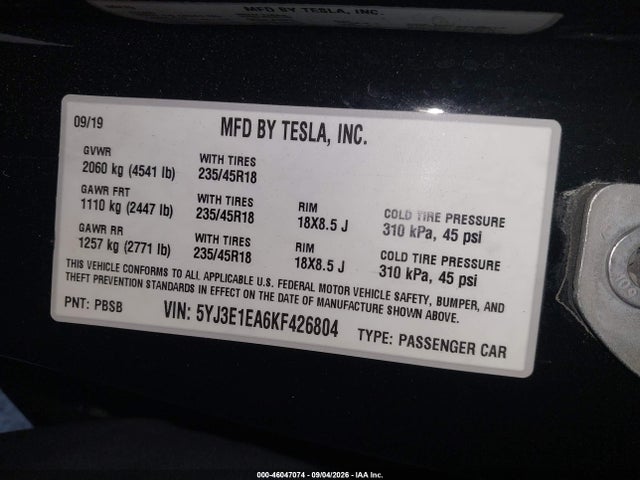5YJ3E1EA6KF426804 Tesla Model 3 Long Range/mid Range/standard Range/standard Range Plus