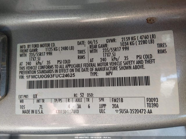 2015 Ford Escape Se მანქანა იყიდება აუქციონზე, vin: 1FMCU0G93FUC24625, აუქციონის ნომერი: 46047083
