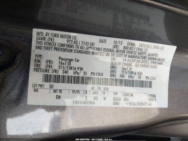 46047098 :رقم المزاد ، 1FADP3K26EL186345 vin ، 2014 Ford Focus Se مزاد بيع