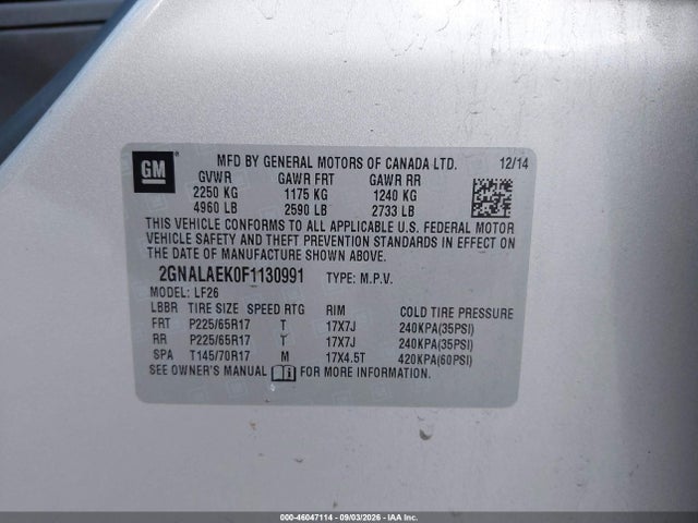 46047114 :رقم المزاد ، 2GNALAEK0F1130991 vin ، 2015 Chevrolet Equinox Ls مزاد بيع
