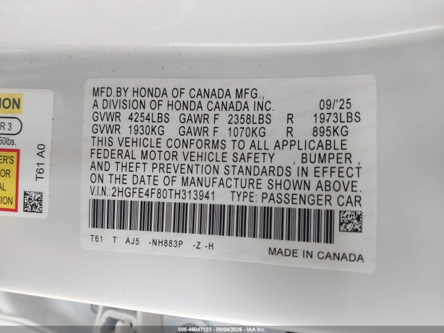 2026 Honda Civic Hybrid Sport/sport Touring მანქანა იყიდება აუქციონზე, vin: 2HGFE4F80TH313941, აუქციონის ნომერი: 46047123