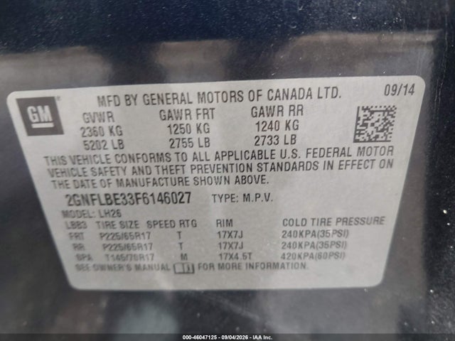 46047125 :رقم المزاد ، 2GNFLBE33F6146027 vin ، 2015 Chevrolet Equinox 1lt مزاد بيع