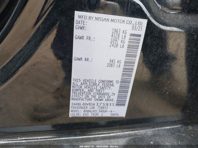 1N4BL4DV8SN375935 Nissan Altima Sv Fwd
