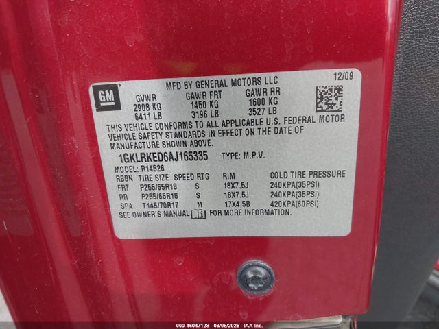 Продаж на аукціоні авто 2010 Gmc Acadia Sl, vin: 1GKLRKED6AJ165335, номер лоту: 46047128