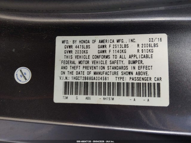 2016 Honda Accord Ex-l V-6 მანქანა იყიდება აუქციონზე, vin: 1HGCT2B88GA004581, აუქციონის ნომერი: 46047130