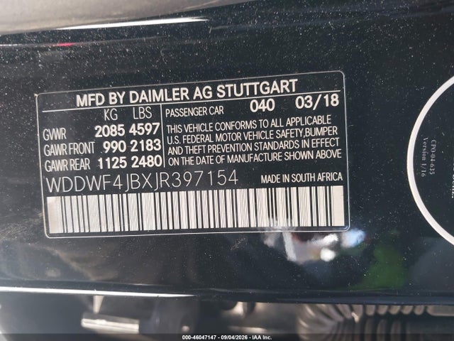 46047147 :رقم المزاد ، WDDWF4JBXJR397154 vin ، 2018 Mercedes-benz C 300 مزاد بيع